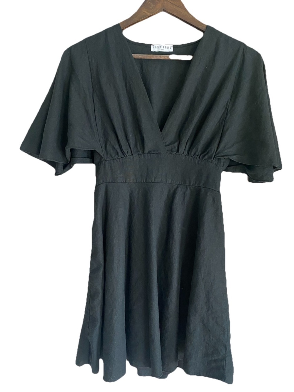 Black Linen Blend Flutter Sleeve Short Dress S/M Coastal Luxe